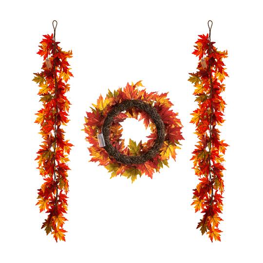 Glitzhome® Lighted Fall Maple Leaves Garland & Wreath Set
